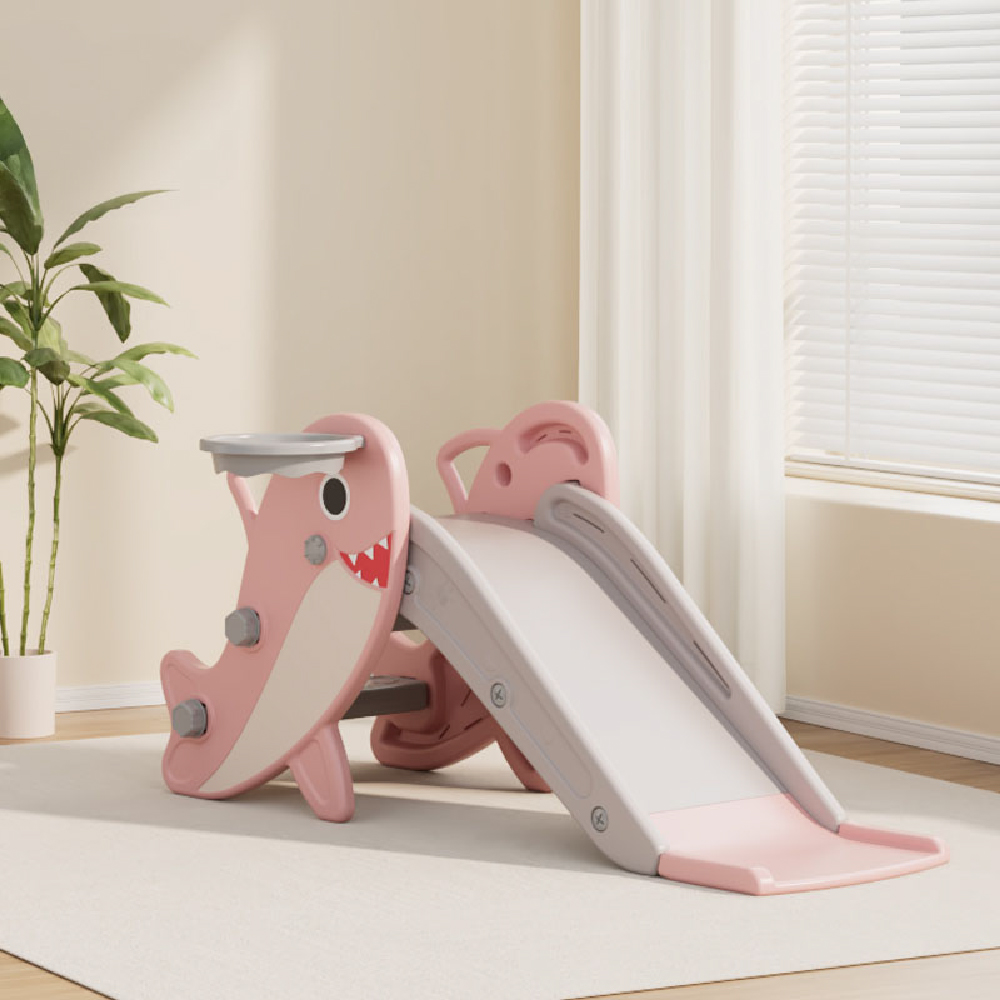 מגלשה מעוצבת מתקפלת לילדים עם כדורסל - דגם כרישון ורוד