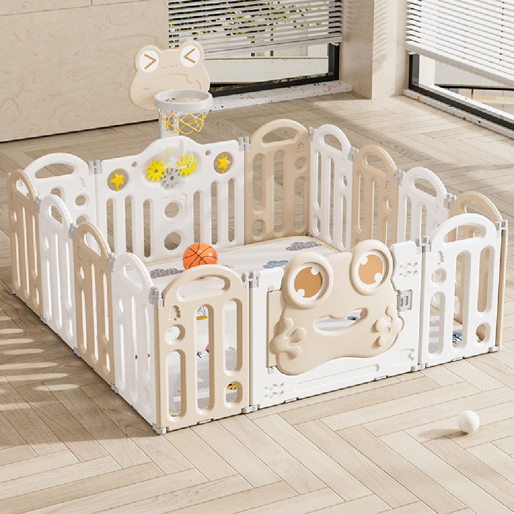 גדר מתקפלת 150/150 ס"מ לפעילות ומשחק עם מתקן כדורסל - דגם צפרדע בז' ולבן