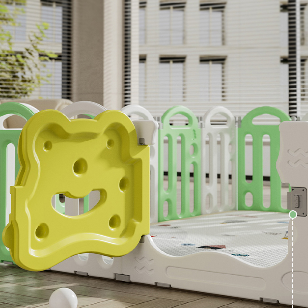 גדר מתקפלת 150/150 ס"מ לפעילות ומשחק עם מתקן כדורסל - דגם צפרדע בז' ולבן – תמונה 7