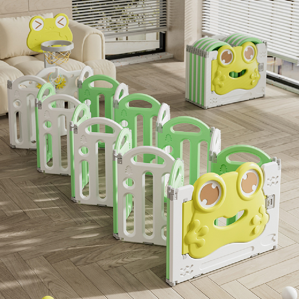 גדר מתקפלת 150/150 ס"מ לפעילות ומשחק עם מתקן כדורסל - דגם צפרדע בז' ולבן – תמונה 4