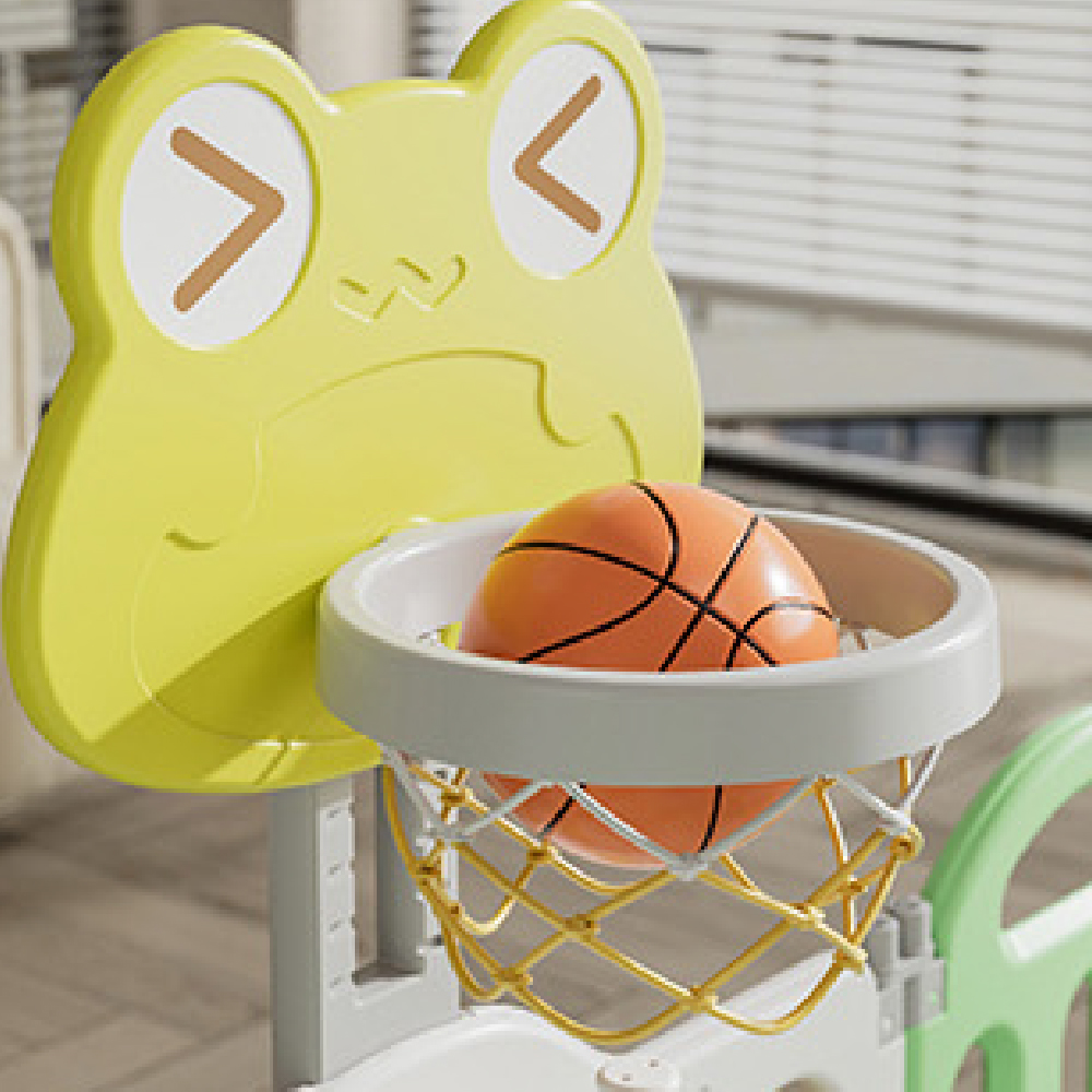 גדר מתקפלת 150/150 ס"מ לפעילות ומשחק עם מתקן כדורסל - דגם צפרדע בז' ולבן – תמונה 2